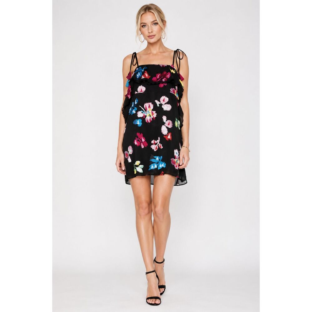 100% Silk Tanya Taylor Gabriella Boho Embroidery Mini Black Floral 4